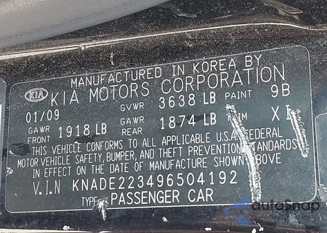 2009 Kia Rio Lx/Sx from USA, damaged, VIN KNADE223496504192